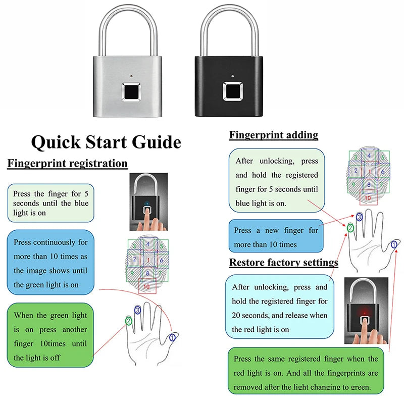 Keyless Fingerprint Padlock Ultra Light One Touch Open Fingerprint Door Lock For Gym School Luggage Backpack Suitcase Locker